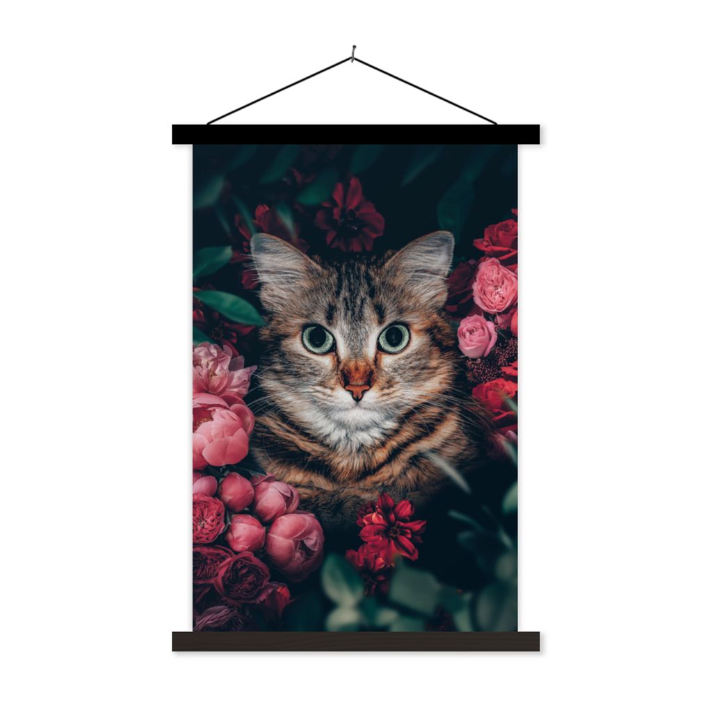 MuchoWow Textilposter Katze - Blumen - Blätter - Botanisch 120x180 cm mit schwarzem Rahmen - Fotos