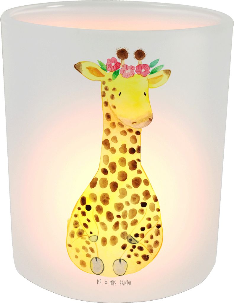 Mr. & Mrs. Panda Glas Windlicht Giraffe Blumenkranz - Transparent - Geschenk, aus, Freundin, Kerzenhalter, Selbstliebe, Garten, Teelichthalter, Afr...