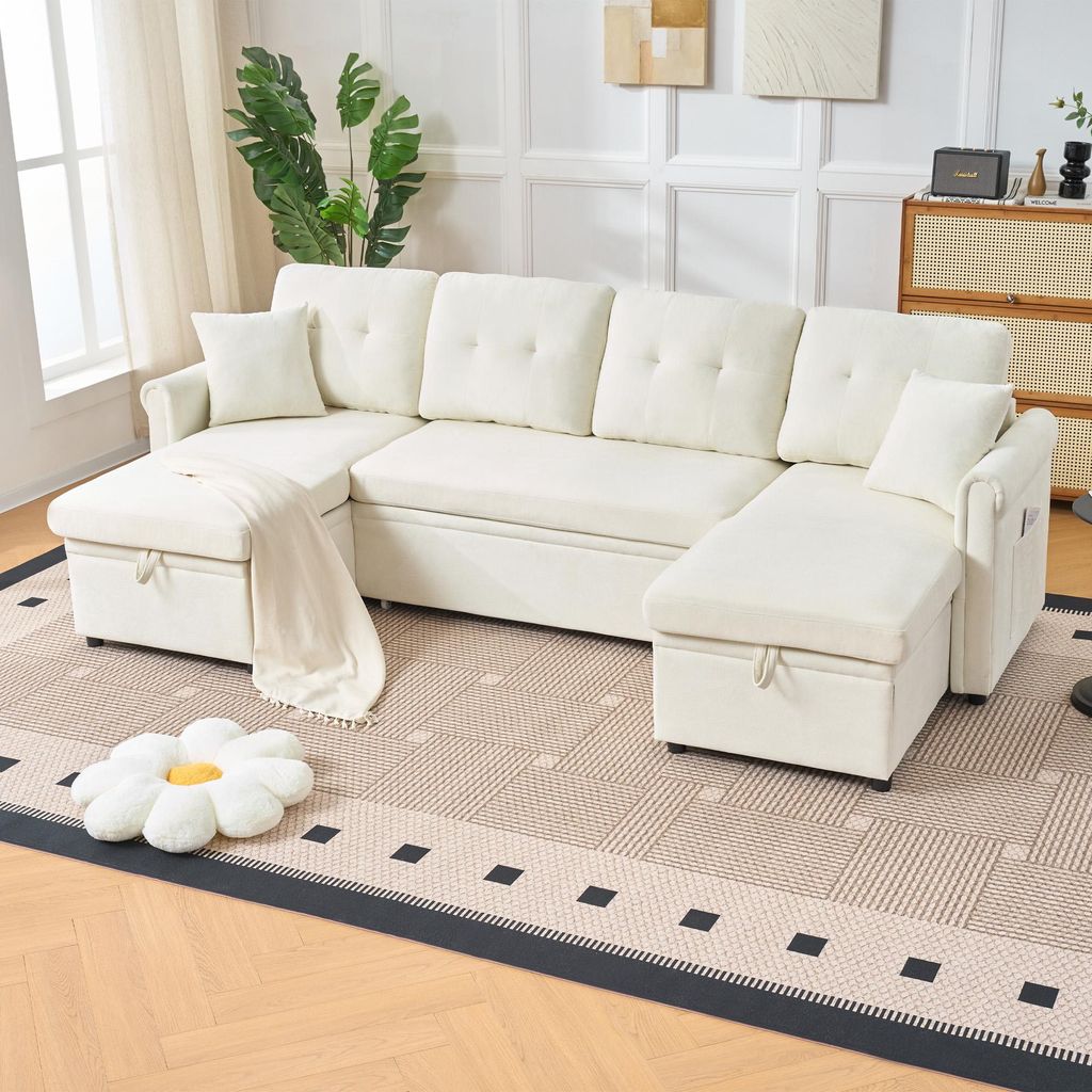 U-Form Ecksofa mit Schlaffunktion und Bettkasten, Großes Schlafsofa mit extra Stauraum, bequeme Couch aus Samtstoff für Wohnzimmer oder Gästezim...