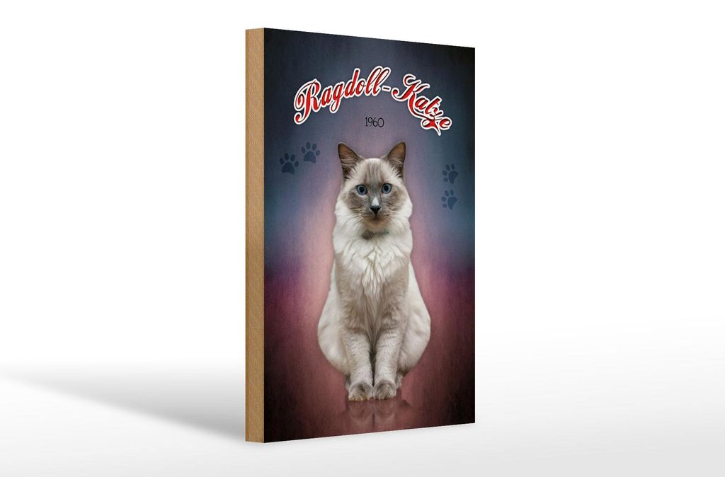 Holzschild Katze 20x30cm Ragdoll Katze 1960 Wanddeko