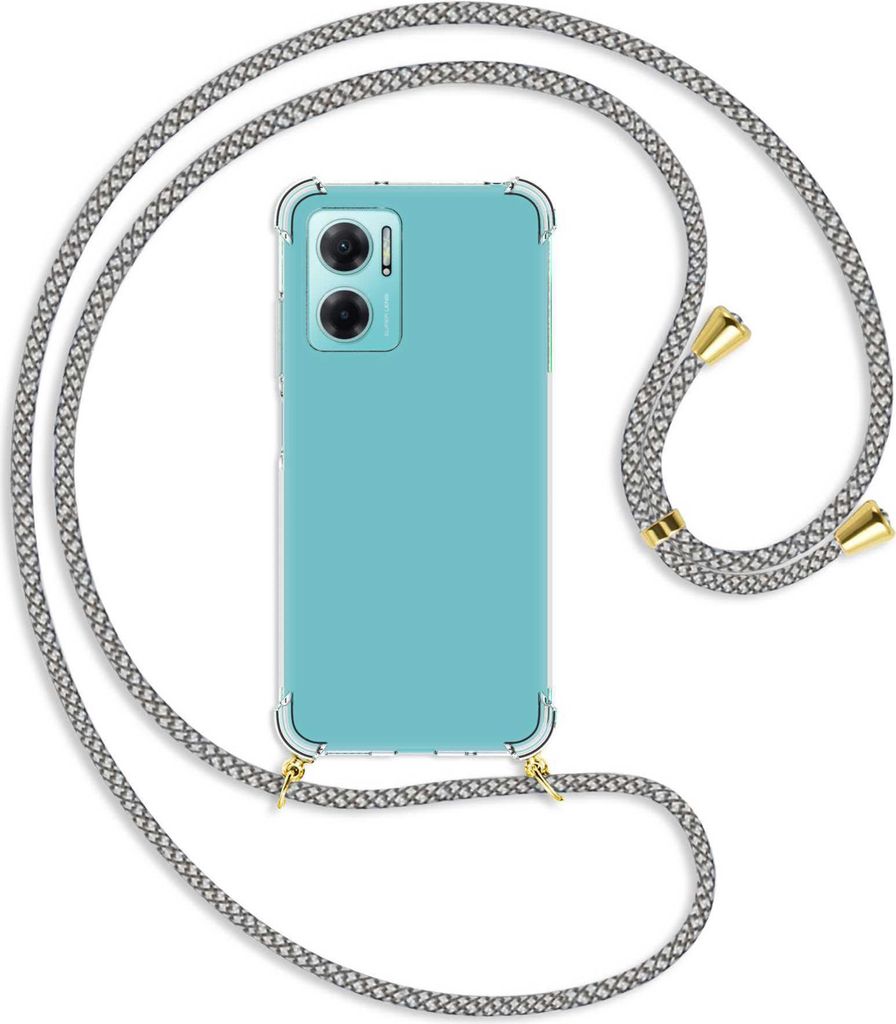 Handykette Backcover-Schutzhülle mit Band (Metall goldfarben) für Xiaomi Redmi 10 5G / Note 11E - weiß/grau kariert