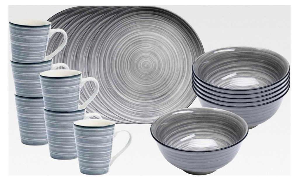 Sendai Frühstücks-Set 18-teilig – Mix & Match Geschirr in Grau – 6 Müslischalen 600 ml, 6 Dessertteller 21 cm, 6 Henkelbecher 300 ml – Por...