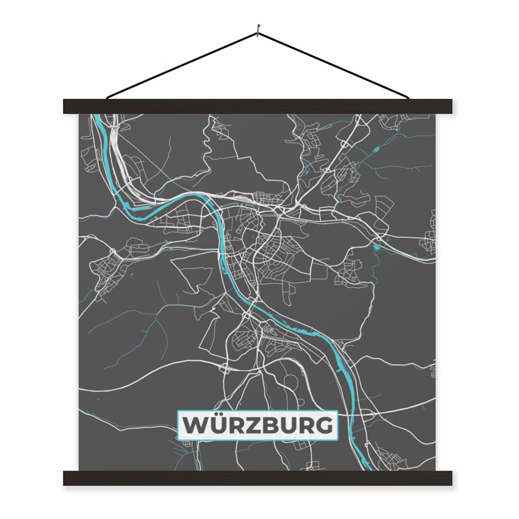 MuchoWow Textilposter Blau - Deutschland - Karte - Stadtplan - Würzburg 60x60 cm mit schwarzem Rahmen - Posteraufhänger