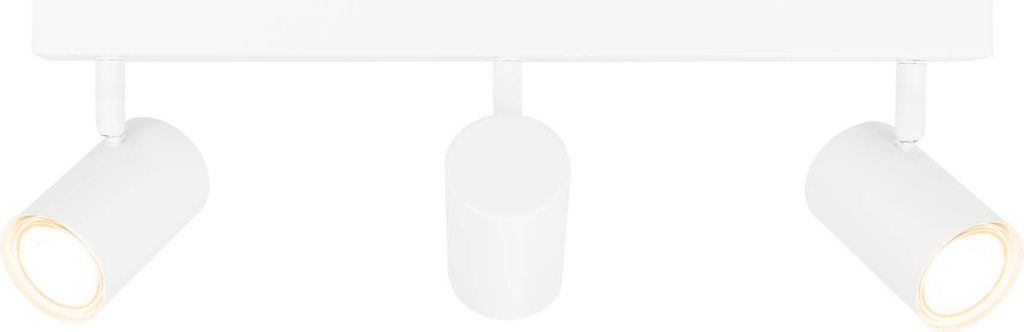 A white track light with three adjustable spotlights.