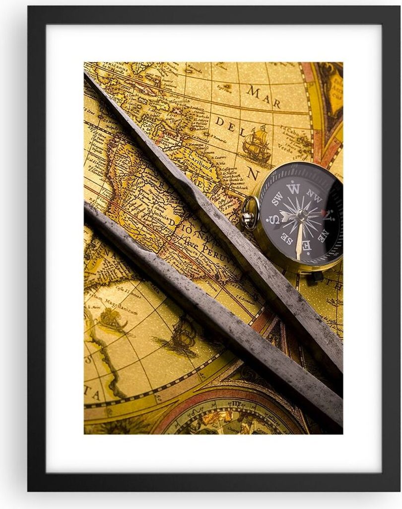 Gerahmtes Poster - Schwarzer Rahmen - Kompass Abenteuer Reisen - 30x40 cm - Wand Bild - Wanddeko - Wandbilder - Wandposter - Bilderrahmen - Bilder ...