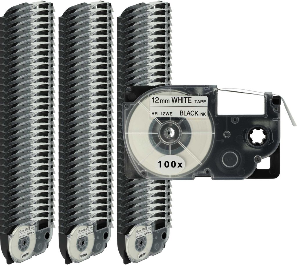vhbw 100x Schriftband-Kassette kompatibel mit Casio KL-2000, KL-300, KL-70E, KL-200E, KL-60, KL-7000 Etiketten-Drucker 8m x 12mm Schwarz auf Weiß