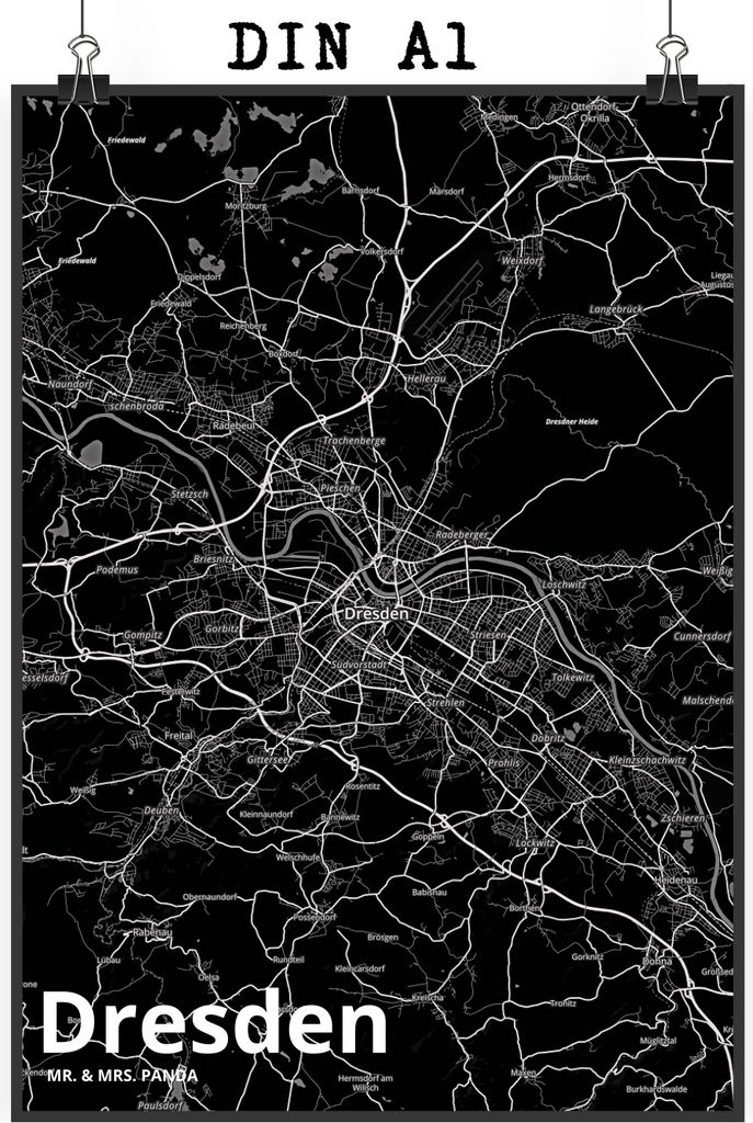 Mr. & Mrs. Panda Bild Dresden DIN A1 - Geschenk, Stadt, Wandbild, Deko, wanddeko, Wanddekoration, Dorf Karte Landkarte Map Stadtplan, drucke