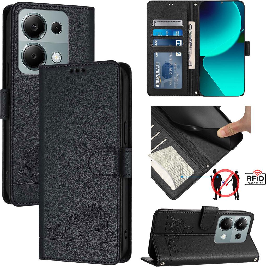 Leder Hülle für Xiaomi Poco M6 Pro 4G/Redmi Note 13 Pro 4G Süße Katze Flip Case Brieftasche Schutzhülle mit Standfunktion Schwarz