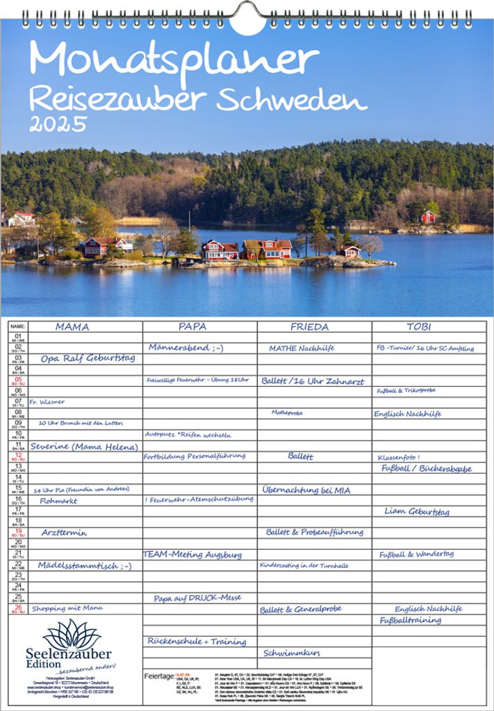 Reisezauber Schweden Planer Wandplaner Familienplaner 4 Spaltenplaner DIN A3 Kalender für 2025 Stockholm Stadt Reise Land Urlaub - Seelenzauber