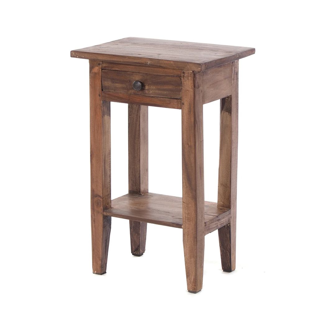 A wooden side table with a drawer and a shelf.