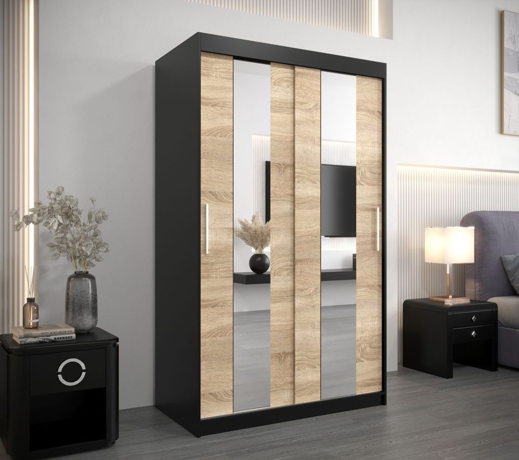 Kleiderschrank mit Spiegeln DIANA – Breite 120 cm, schwarz / Eiche sonoma