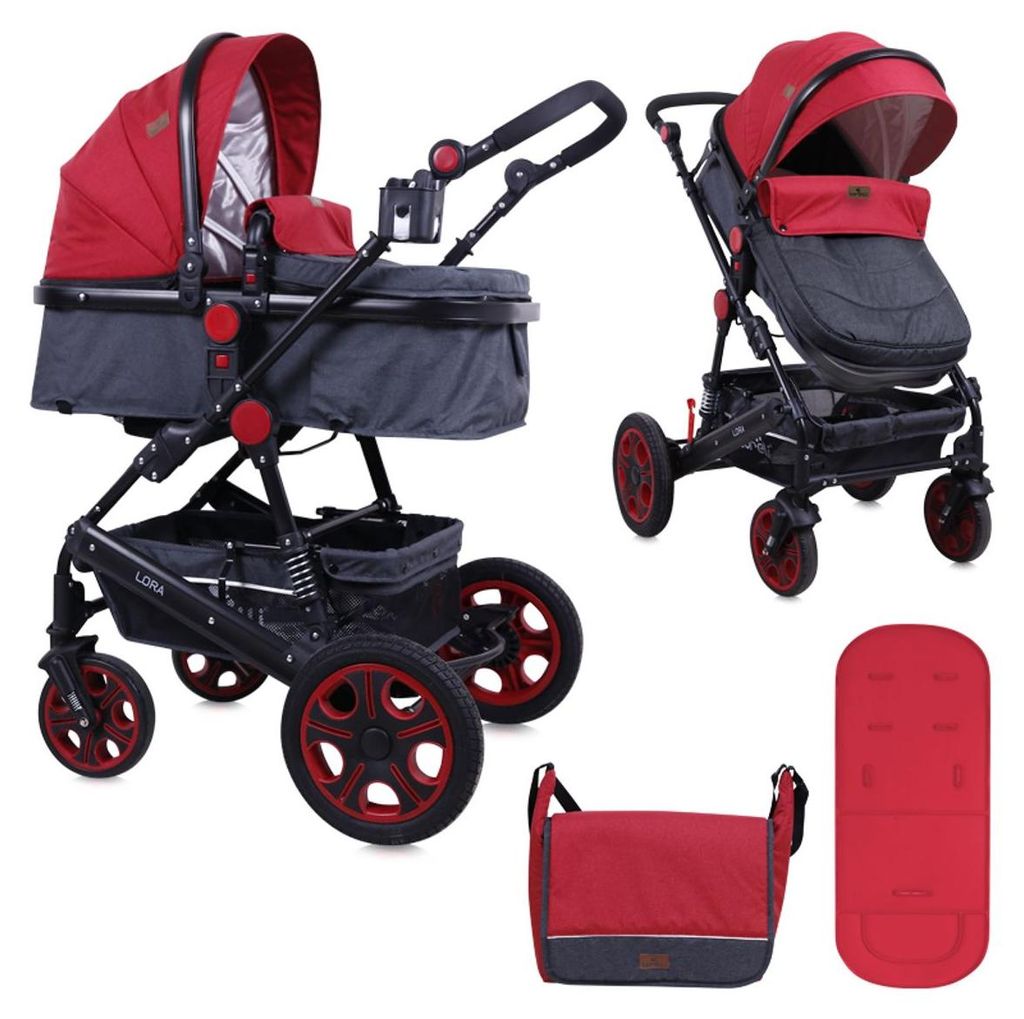 Lorelli Kinderwagen Lora faltbar Gummiräder Tragetasche Sportsitz Fußabdeckung rot