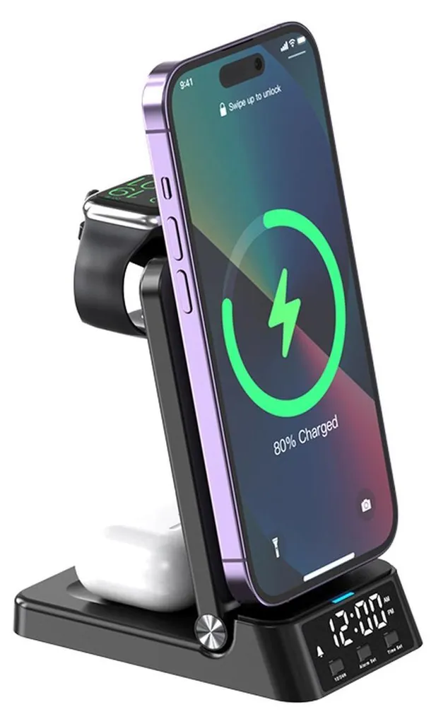 Station de charge Qi 4 en 1 rapide 15W avec horloge numérique et dock