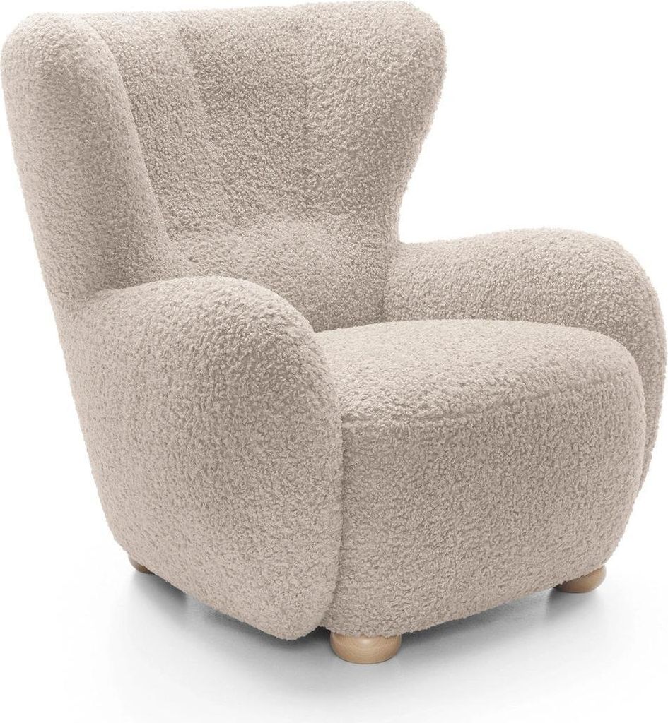 Ohrensessel FILO Rolf 02 Bouclé Creme Teddy Sessel Relaxsessel Fernsehsessel Holzfüße Natur