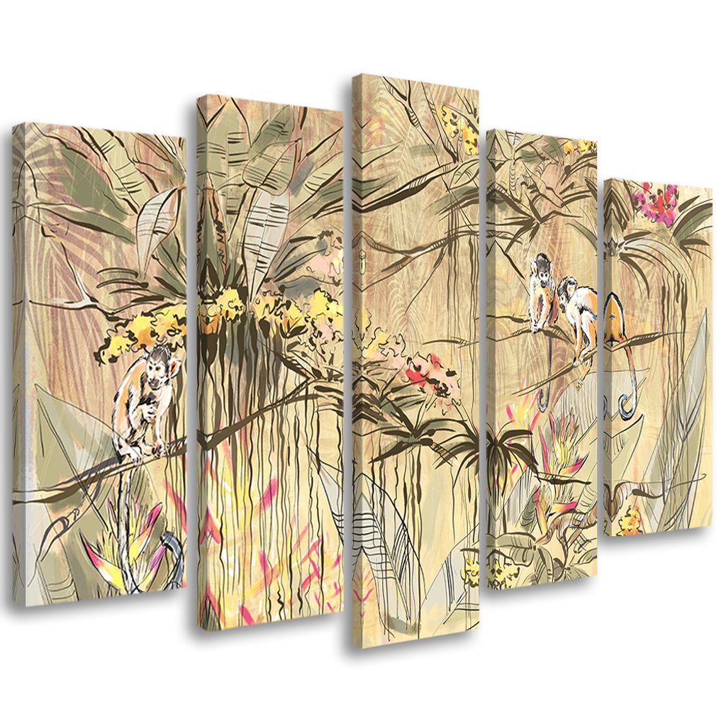 5-teiliges leinwandbild dschungel-affen 200x100 cm Feeby beige wandbild bereit zum aufhängen