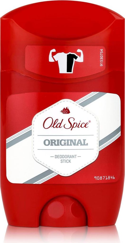 A red Old Spice deodorant stick with white and gray labeling.