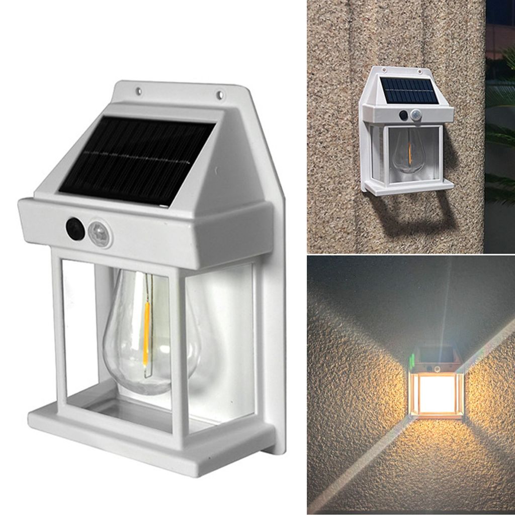 Solar-Wandleuchte (weiß, 2 Stück), Solar-Außenwandleuchte, menschliche Körpererkennung, Drei-Modus-Wolfram-Wandleuchte, Garten, Villa, Innenhof...