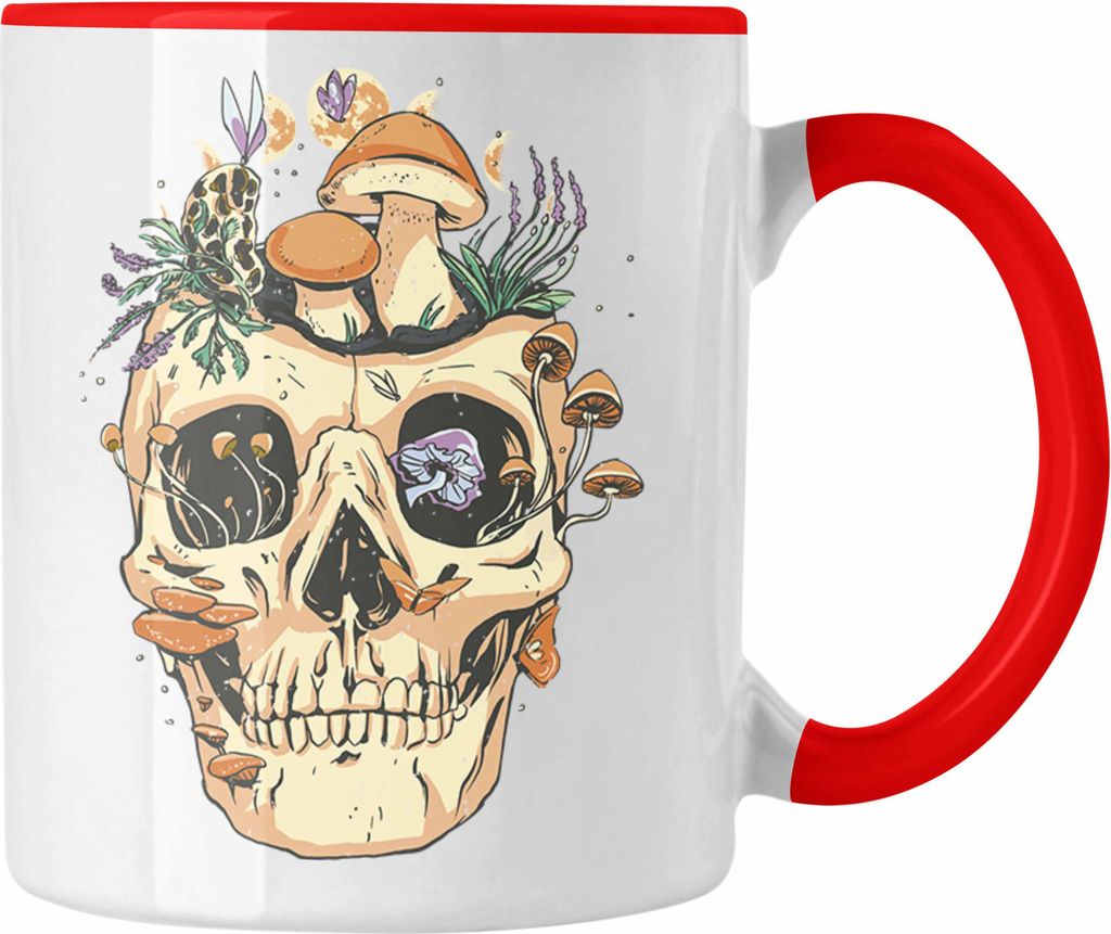 Trendation - Totenkopf Tasse Geschenk Pilzsammler Pilze Frauen Damen Tattoo Geschenkidee Grafik (Rot)