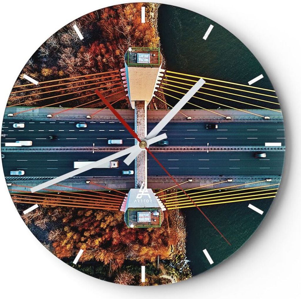 Wanduhr - Rund - Glasuhr - Brücke Siekierkowski Warschau - 40x40cm - Schleichendes Uhrwerk - Lautlos - zum Aufhängen bereit - Dekoration Modern -...