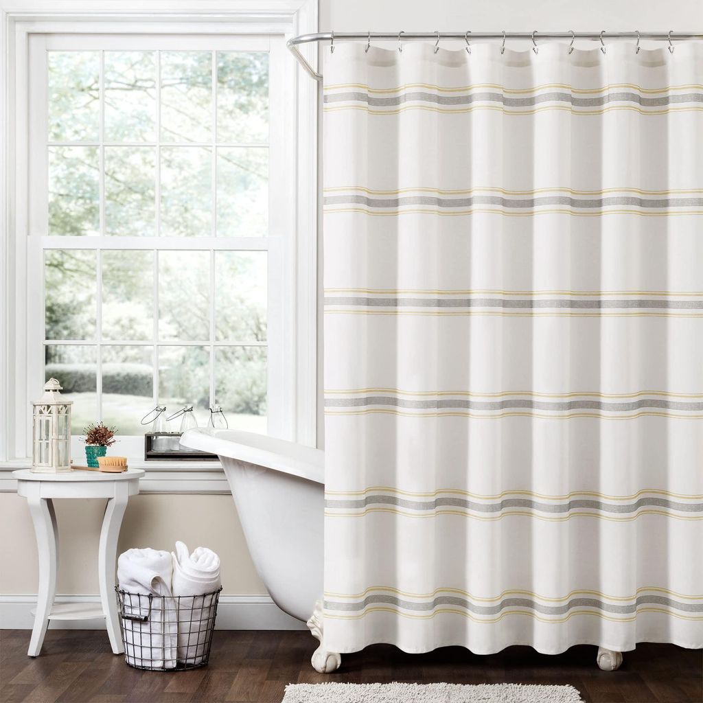 Duschvorhang im Landhausstil, Baumwolle, gestreift, 183 x 183 cm, gelb/grau