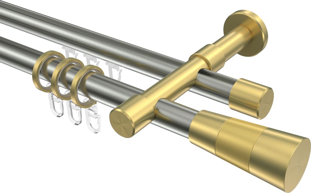 Interdeco Rundrohr-Innenlaufstange / Gardinenstange (Kombination) Edelstahl-Optik / Messing-Optik, Typ Prestige Tanara (Konus Bicolor), 20 mm Ø 2-...