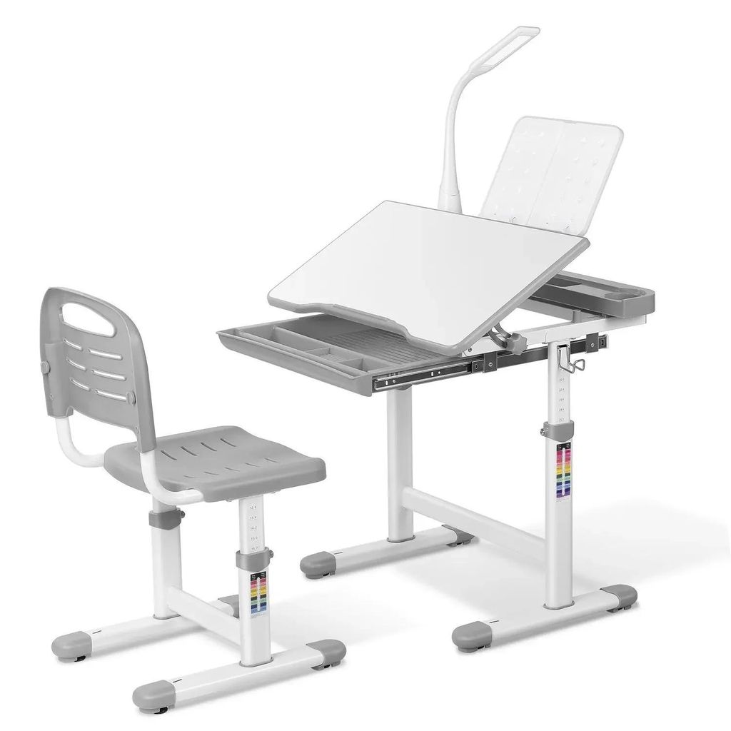 Kinderschreibtisch Set - Ergonomischer Schreibtisch mit Stuhl - Höhenverstellbar - Schublade - Buchstütze - Dimmbares LED-Licht - Hellgrau
