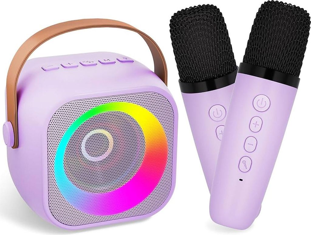 Kinder & Familien-Karaoke-Set mit 2 Mikros, Bluetooth 5.3, 1200mAh Akku, DSP, mehrfarbige Lichteffekte