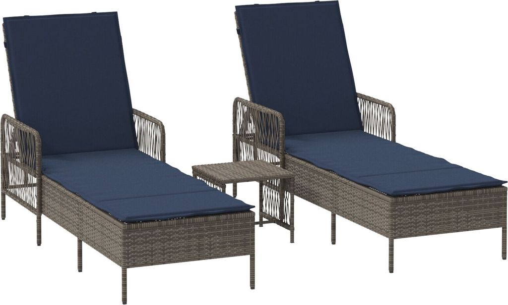 Möbel Sonnenliege Set aus 3 Grau und marineblau PE-Rattan, Metall - Gartenliegen 365438
