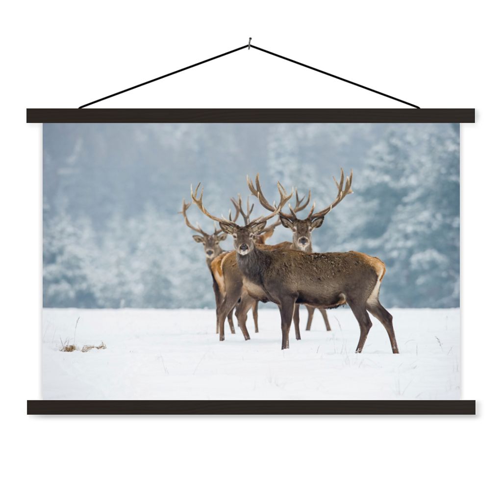 MuchoWow Textilposter Hirsche - Tiere - Schnee - Winter - Landschaft - Natur 150x100 cm mit schwarzem Rahmen - Schlafzimmer