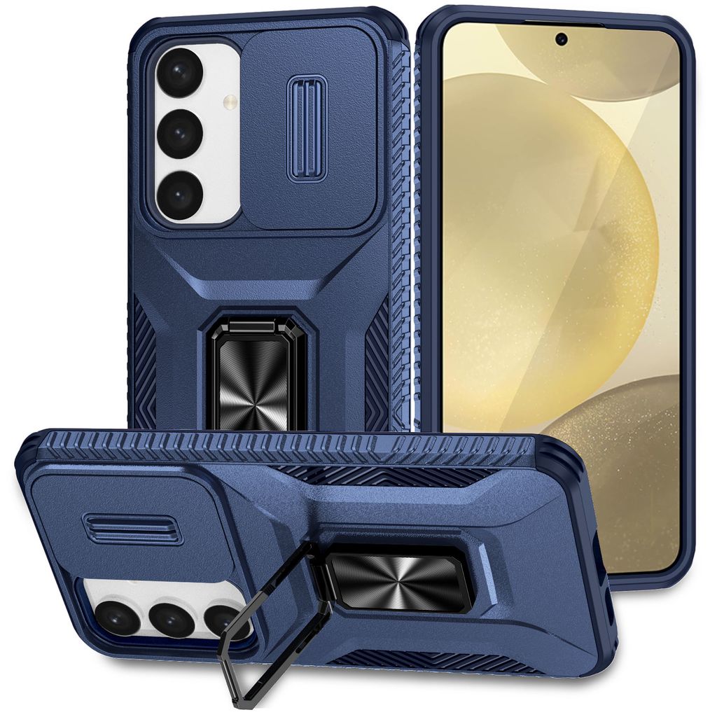 Handyhülle für Samsung Galaxy S25 FE Dual Layer Hülle mit Schiebe Kamera Schutz und Ringhalter Ständer Blau