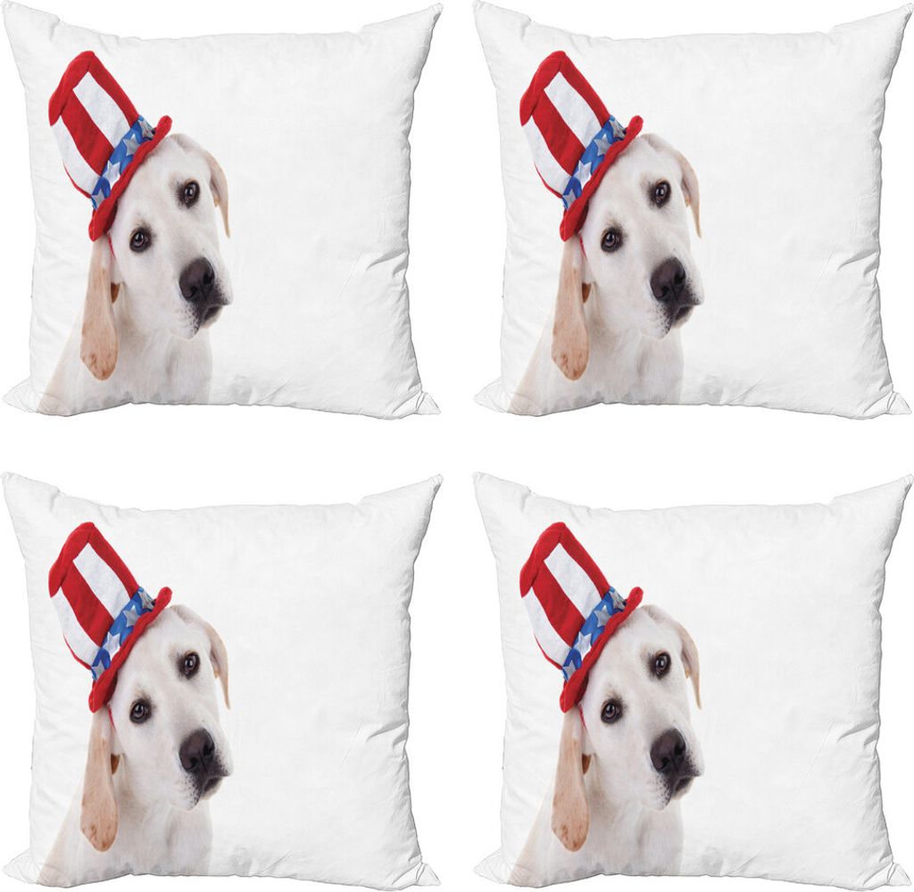ABAKUHAUS 4. Juli Kissenbezug Set (4 Stück), Hund mit Hut, Moderner Doppelseitiger Digitaldruck, 45 cm x 45 cm, Mehrfarbig