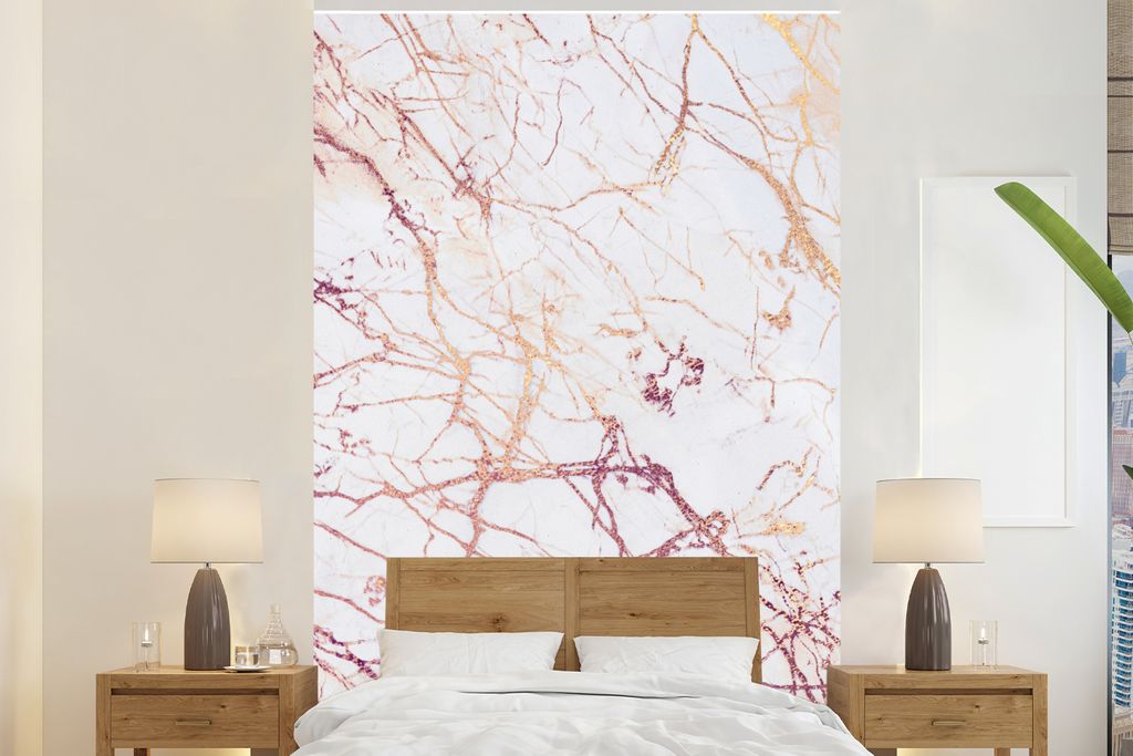 MuchoWow Fototapete für Wohnzimmer oder Schlafzimmer Wandtapete Vinyl Motivtapete Marmor - Weiß - Gold - Violett - 180x280 cm - Wallpaper