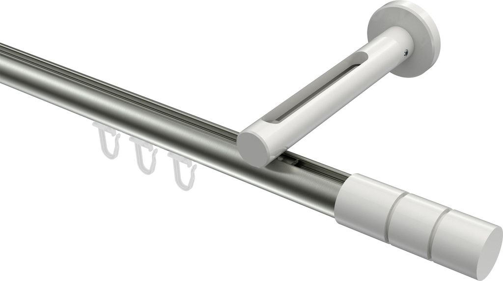 Interdeco Innenlaufstange / Gardinenstange mit Innenlauf Edelstahl-Optik / Weiß, Typ Siteno Elanto (Rillenzylinder), 20 mm Ø 1-läufig, 320 cm