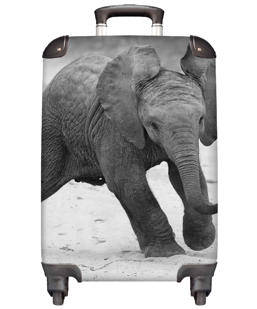 MuchoWow Koffer Handgepäck Trolley Rollkoffer Kleine Reisekoffer mit 4 Rollen - Elefant - Baby - Tiere - Kröte - Schwarz und weiß - Cabin Size...