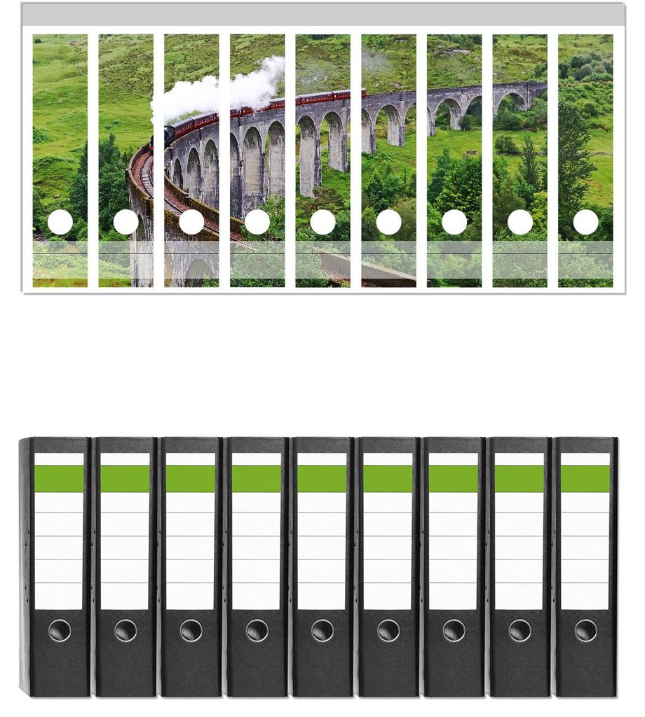 Wallario 9 Stück breite Ordner inkl. Klebeetiketten mit Motive Dampfzug auf Viadukt - Set mit Rückenschildern / Ordnerrücken Stickern
