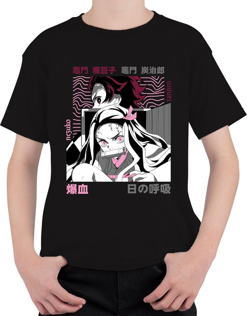 Kimetsu no Yaiba Nezuko Tanjiro Anime Dämonenjäger Japan Y2K Streetwear Pink Uni Kinder T-Shirt, Schwarz, 140