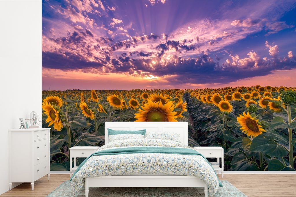 MuchoWow Fototapete für Wohnzimmer oder Schlafzimmer Wandtapete Vinyl Motivtapete Blumen - Himmel - Lila - Sonnenuntergang - 600x400 cm - Vinylt...