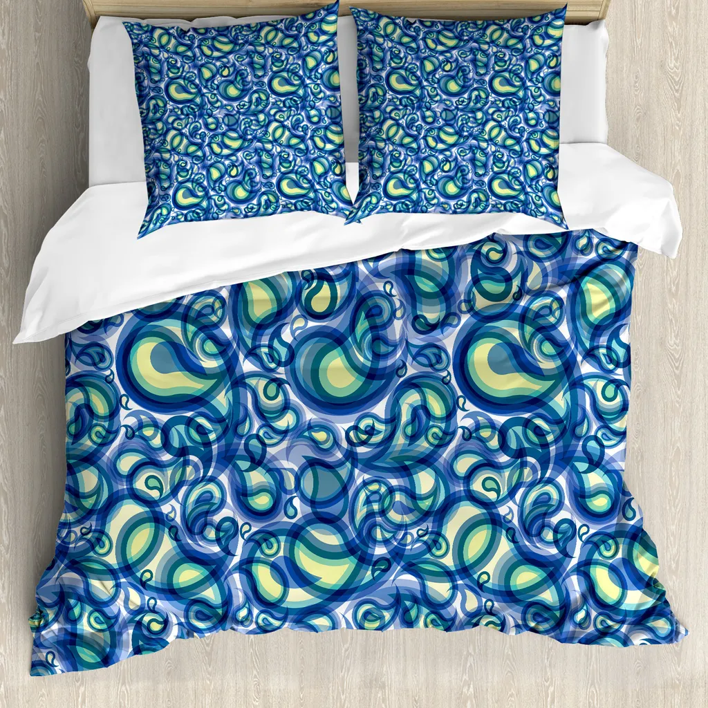 ABAKUHAUS Copripiumino Paisley, arte ispirata alle gocce di pioggia, antiacaro, adatto a chi soffre di allergie, con federe, 200 cm x 200 cm - 80 x 80 cm, blu e verde