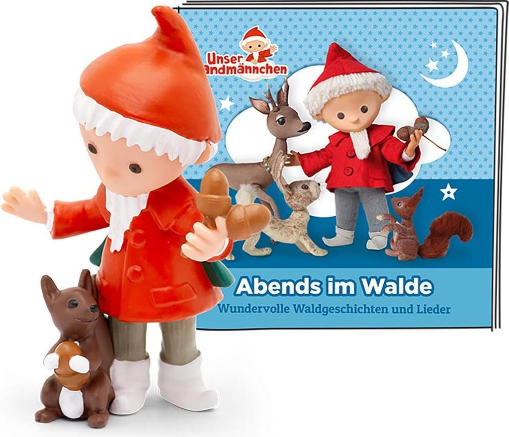 A Tonies Hörfigur of Unser Sandmännchen with woodland animals and a book titled 'Abends im Walde'.