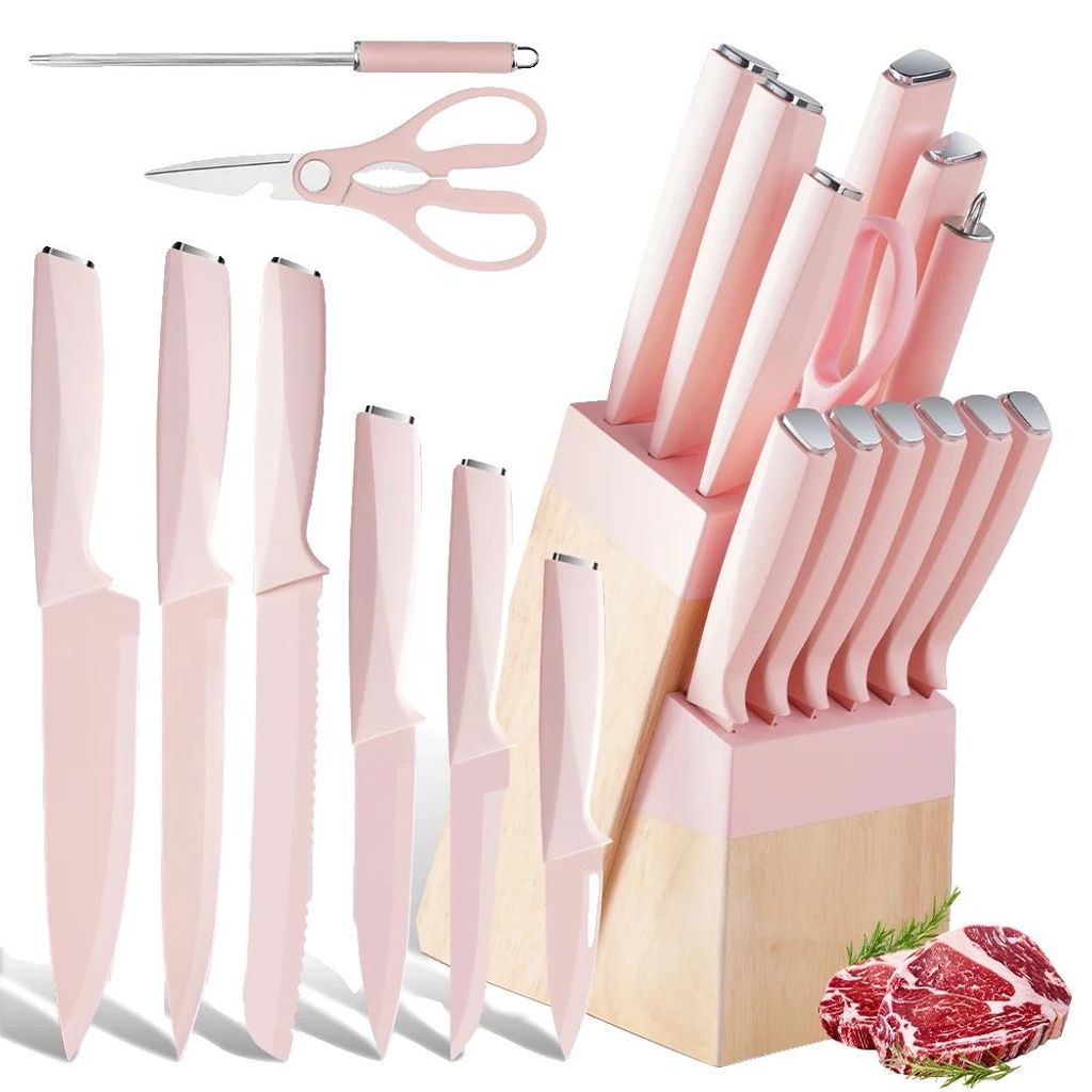 Set keukenmessen, 14-delig, ergonomisch ontwerp, roze Productafbeelding 