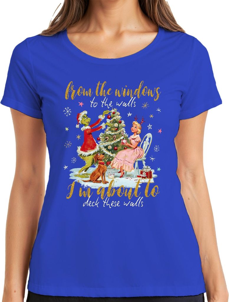 From the windows to the walls Grinch Christmas funny retro gift Damen T-Shirt, Blau, L