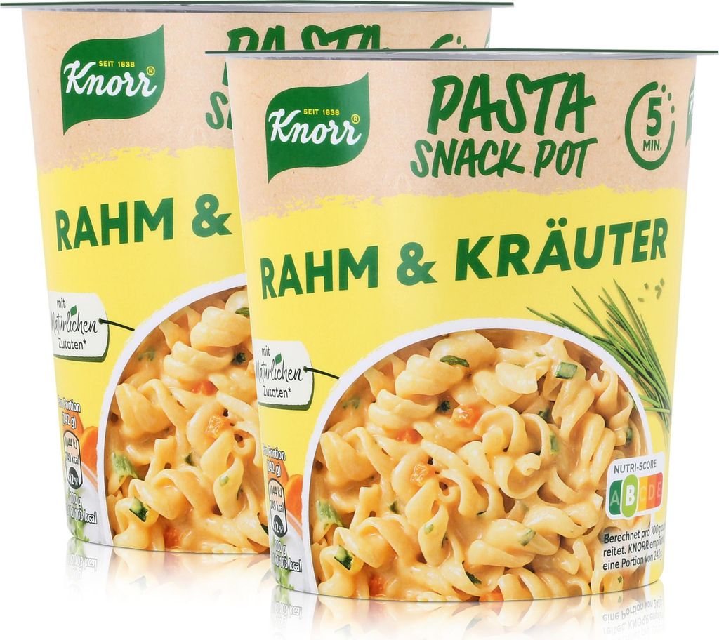 Knorr Pasta Snack Pot Rahm & Kräuter 62g - In 5 Minuten fertig (2er Pack)