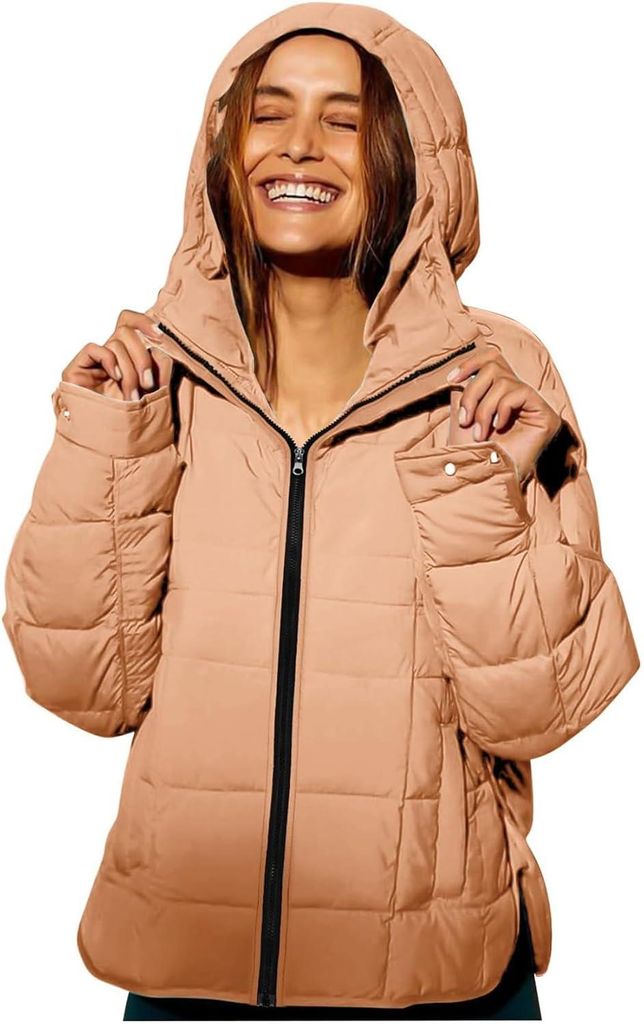 ASKSA Damen Steppjacke Leicht Kurz Kapuze Wintermantel Daunenjacke Jacke Laessig Outdoorjacke mit Taschen (Khaki,S)