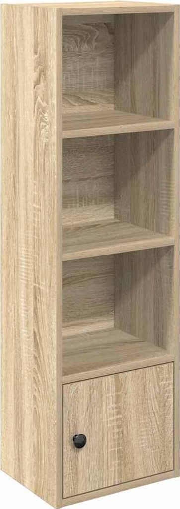 A tall, narrow bookshelf with three open shelves and a single cabinet door at the bottom.
