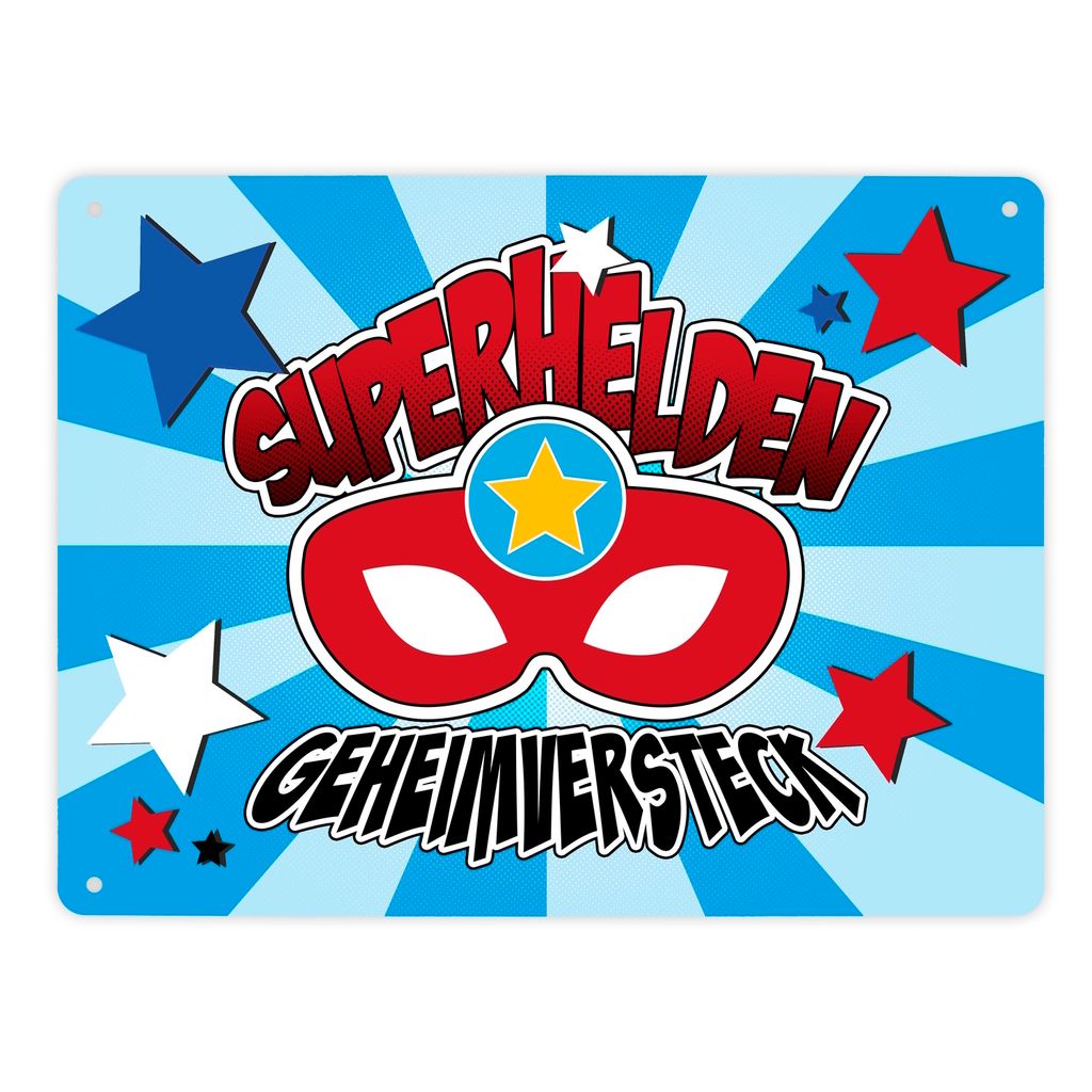 Superhelden Geheimversteck Metallschild XL in 21x28 cm im Comicdesign mit