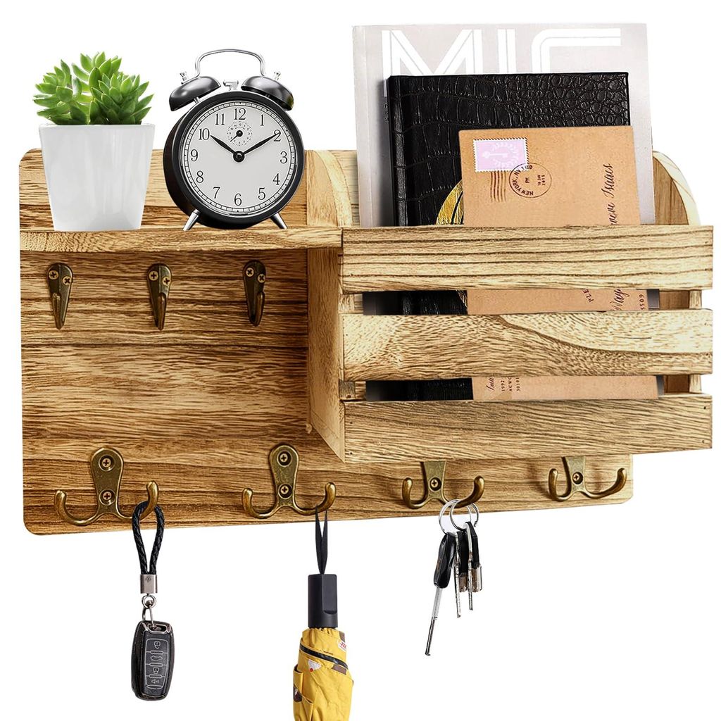 Schlüsselbrett aus Holz mit Ablage und 7 Haken – Wandmontierter Schlüsselhalter aus Holz – Moderner Schlüsselorganizer für Flur, Wohnzimmer...