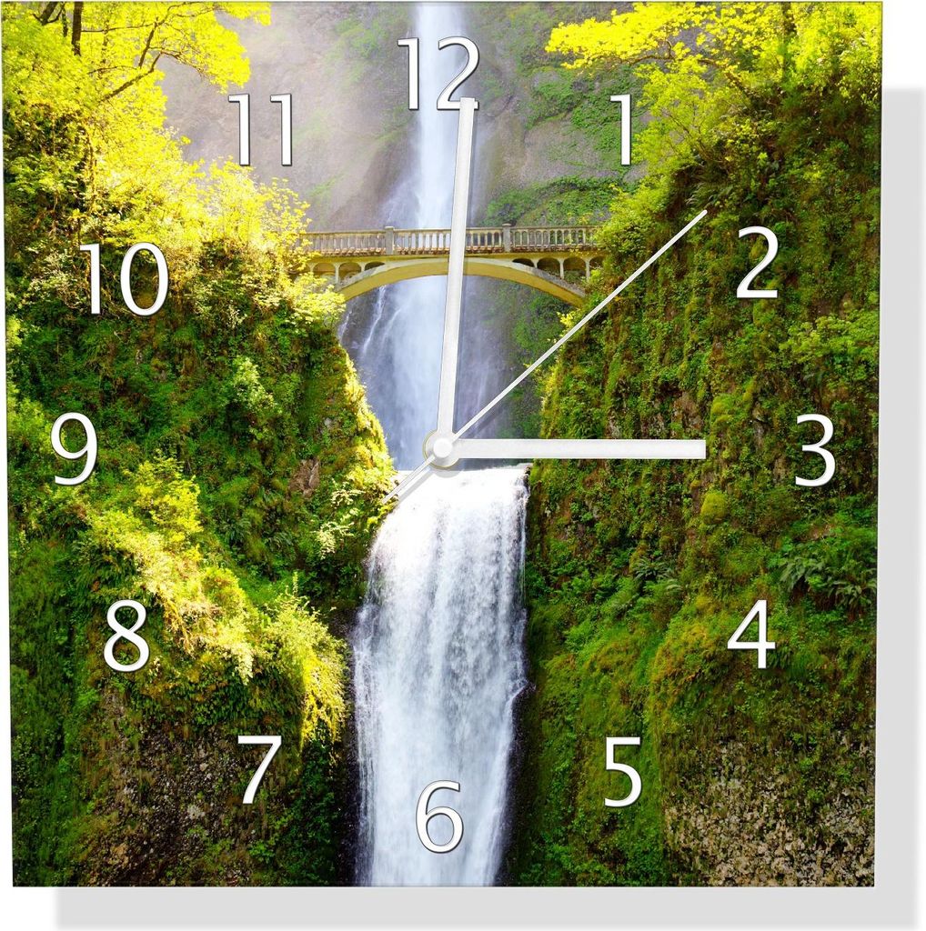 Wallario Design Wanduhr Brücke über dem Wasserfall aus Echtglas, Größe 30 x 30 cm