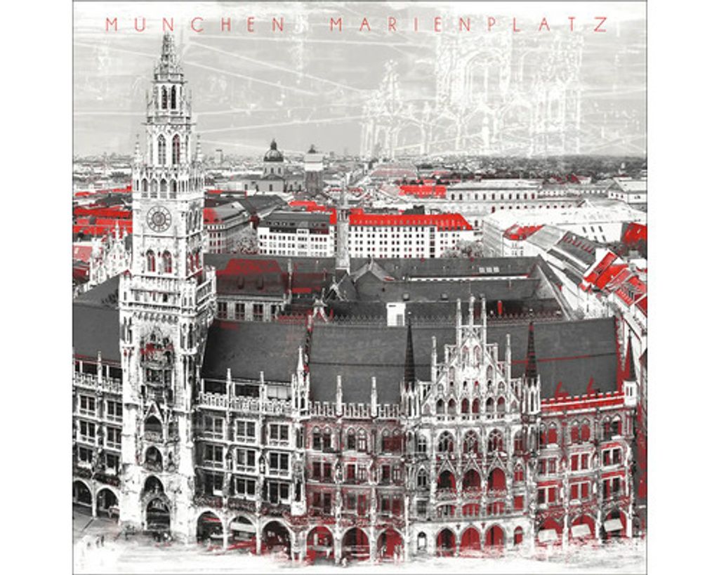 Glasbild München neues Rathaus Marienplatz grau rot 80x80 cm