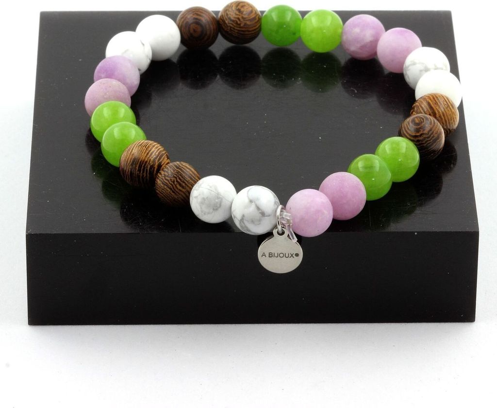 Armband Peridotperlen + mattvioletter Glimmer + Howlith + Holz 8 mm