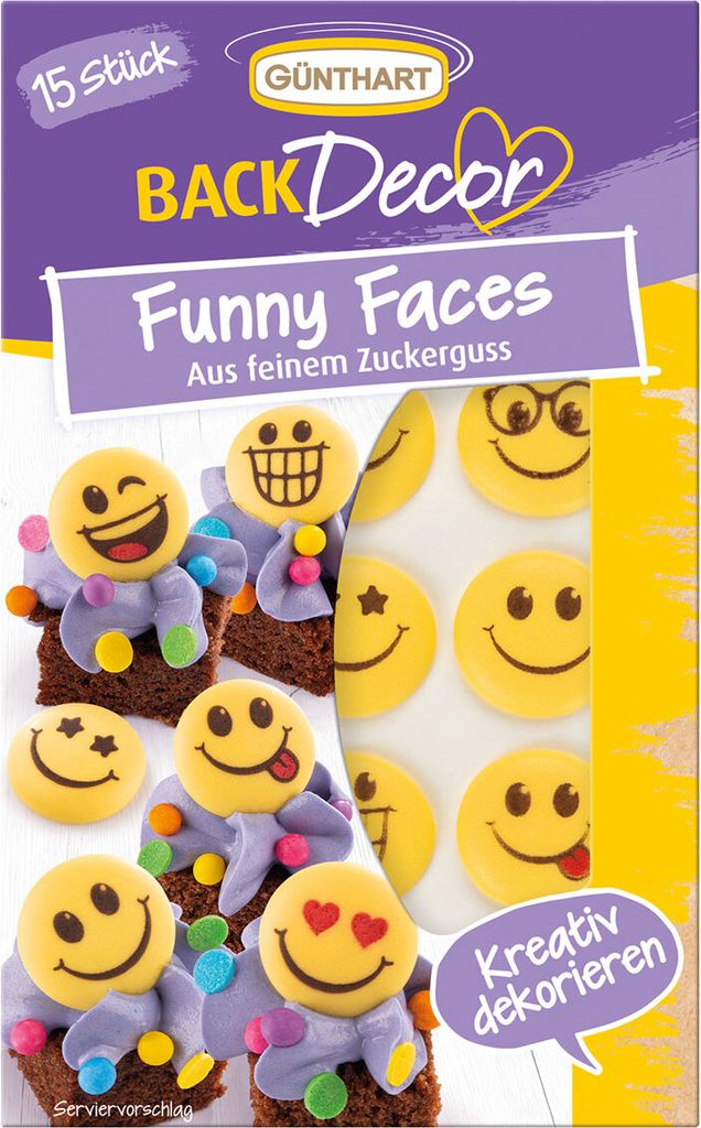 A product package for cake decorations with smiley faces, showing examples of how they can be used on cupcakes.